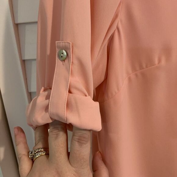 V neck sheer multi layer peachy pink blouse - Picture 6 of 11